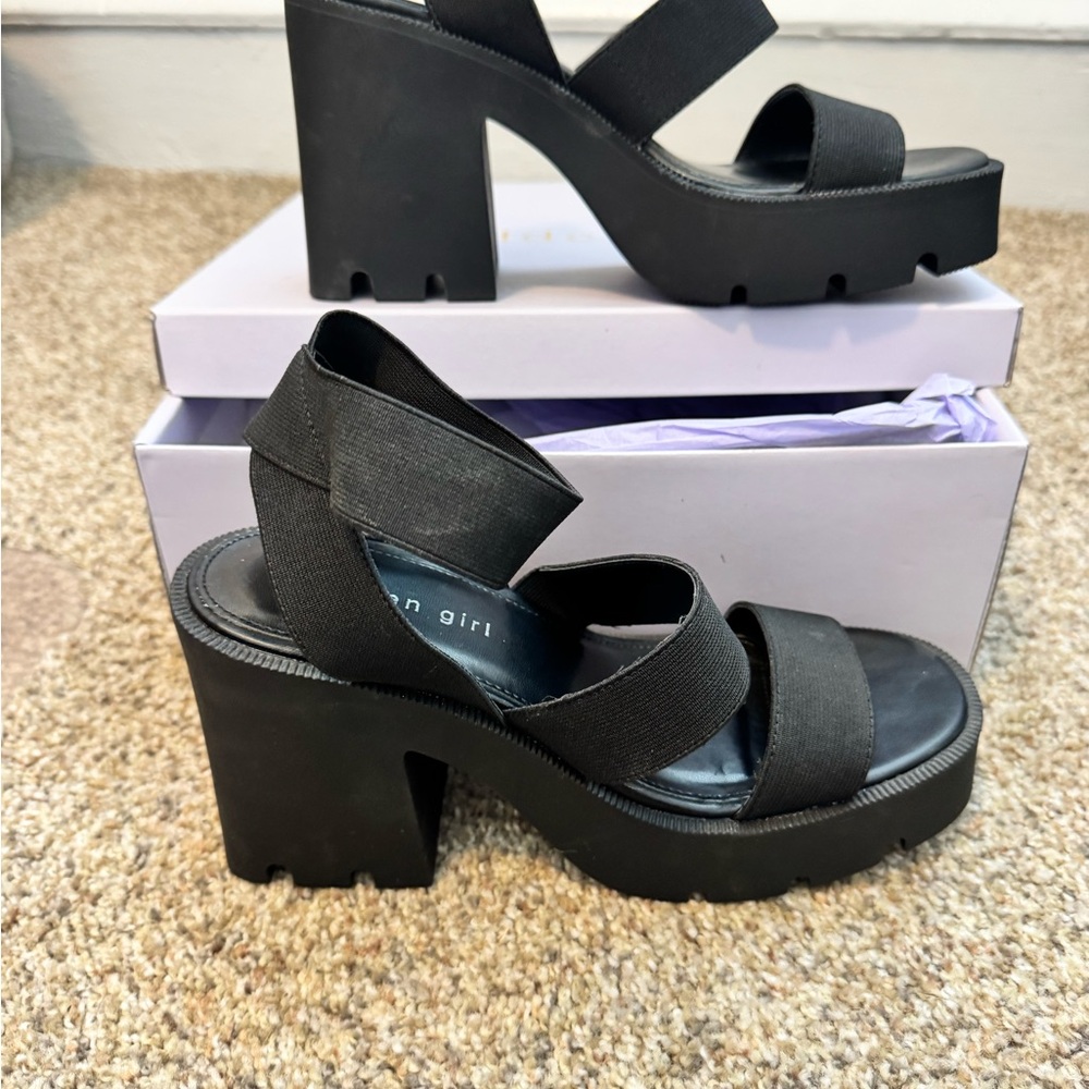 Madden Girl Black Strappy Platform Sandals with Elastic Ankle Wrap - Picture 5 of 6
